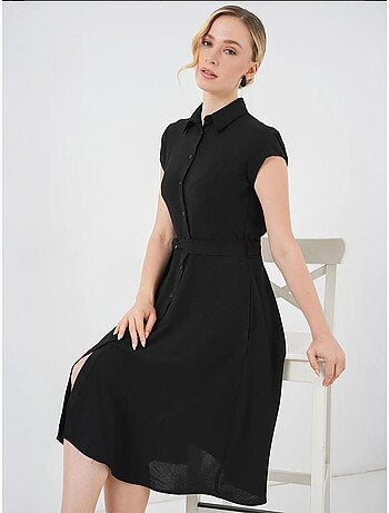 Vestido midi con cuello camisero abotonado y corte a con detalle de ribete bdart