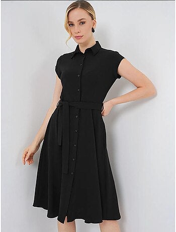 Vestido midi con cuello camisero abotonado y corte a con detalle de ribete bdart