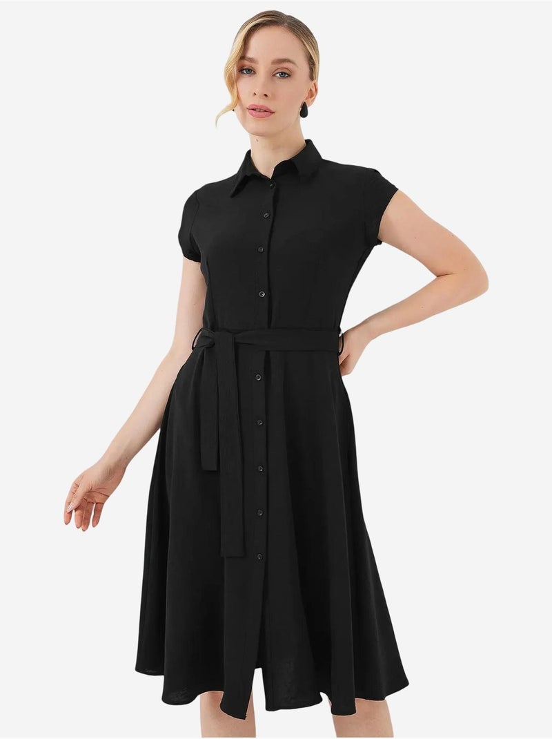 Vestido midi con cuello camisero abotonado y corte a con detalle de ribete bdart Negro - Kiabi