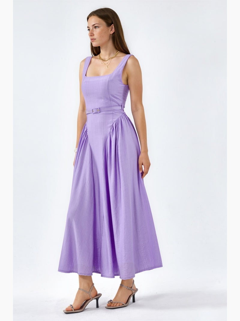 Vestido midi con cuello cuadrado y cinturón busem Azul lavanda - Kiabi