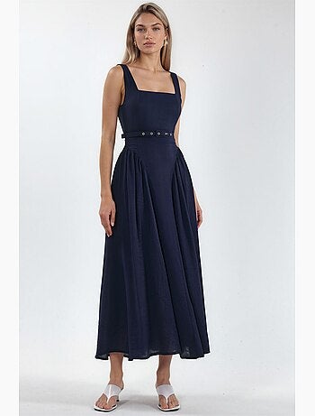 Vestido midi con cuello cuadrado y cinturón busem