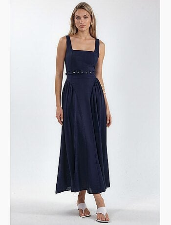 Vestido midi con cuello cuadrado y cinturón busem