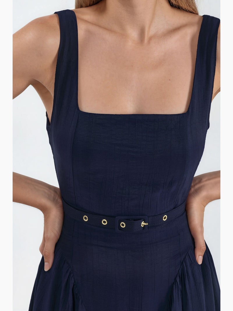 Vestido midi con cuello cuadrado y cinturón busem Azul marino - Kiabi
