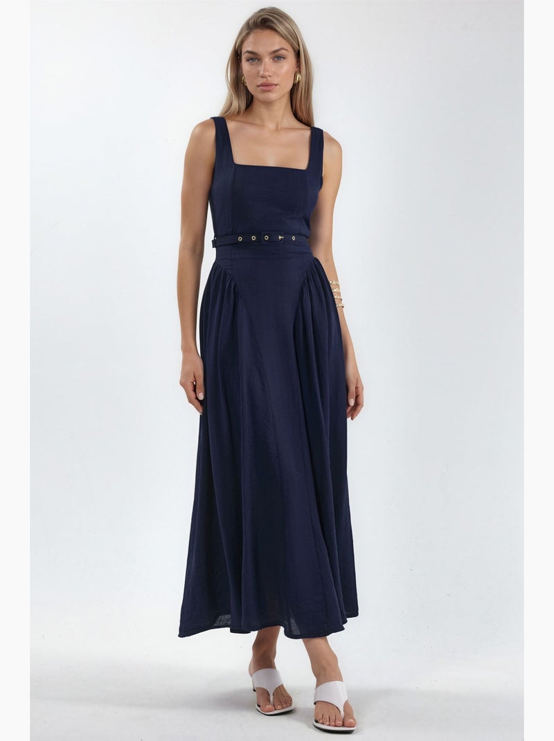 Vestido midi con cuello cuadrado y cinturón busem Azul marino - Kiabi