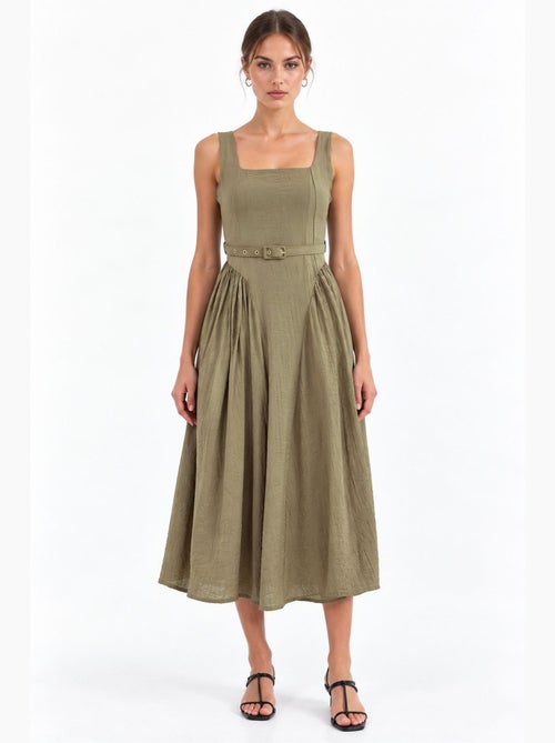 Vestido midi con cuello cuadrado y cinturón busem - Kiabi
