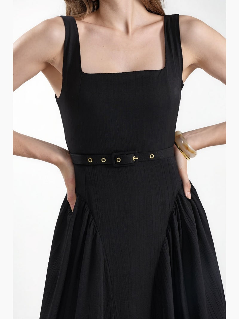 Vestido midi con cuello cuadrado y cinturón busem Negro - Kiabi