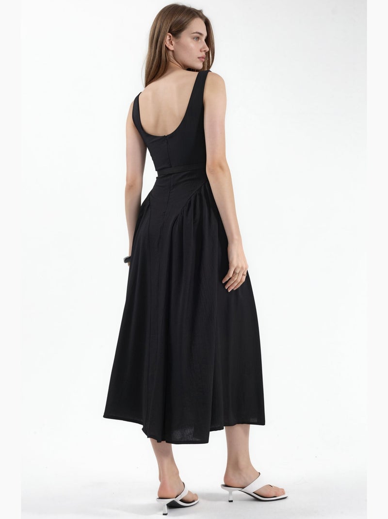 Vestido midi con cuello cuadrado y cinturón busem Negro - Kiabi