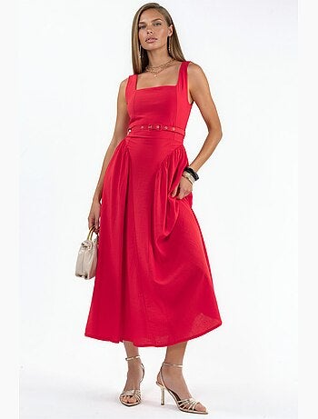 Vestido midi con cuello cuadrado y cinturón busem