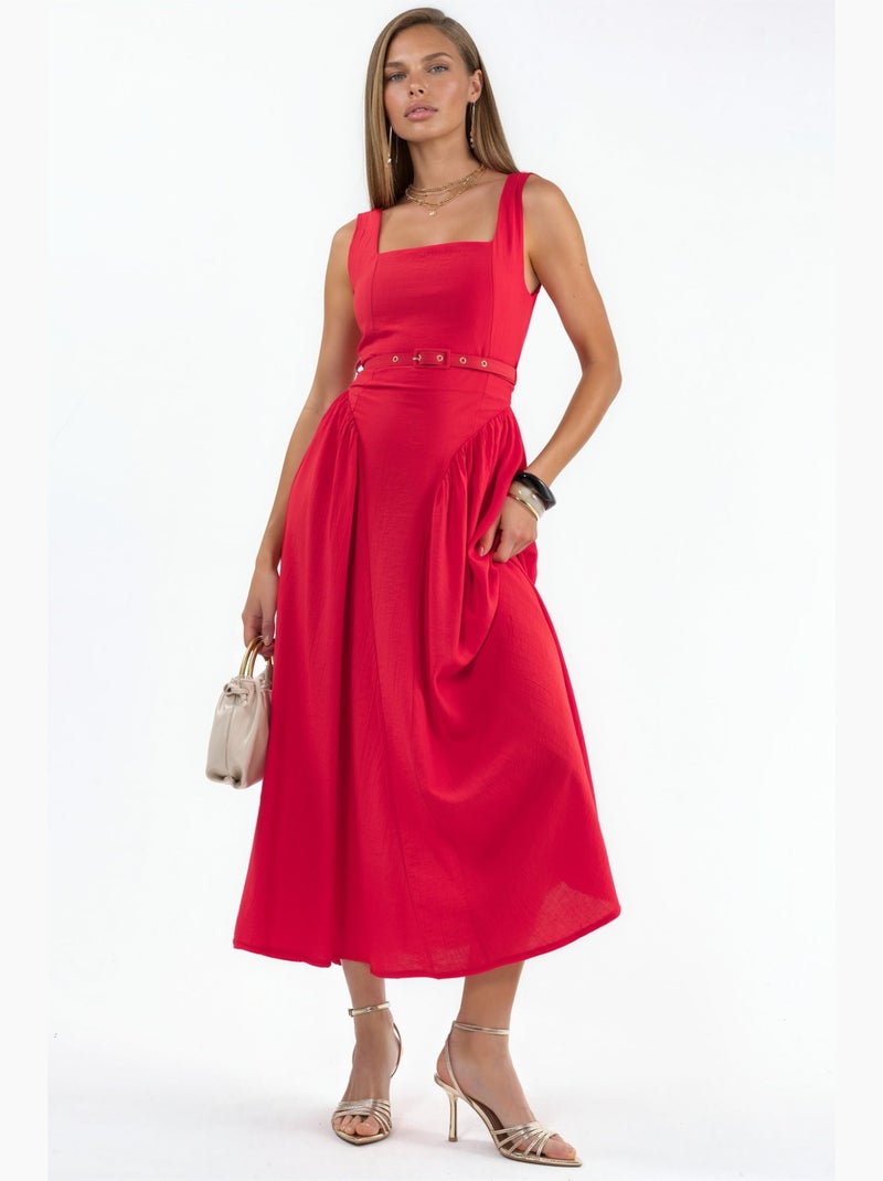 Vestido midi con cuello cuadrado y cinturón busem Rojo - Kiabi