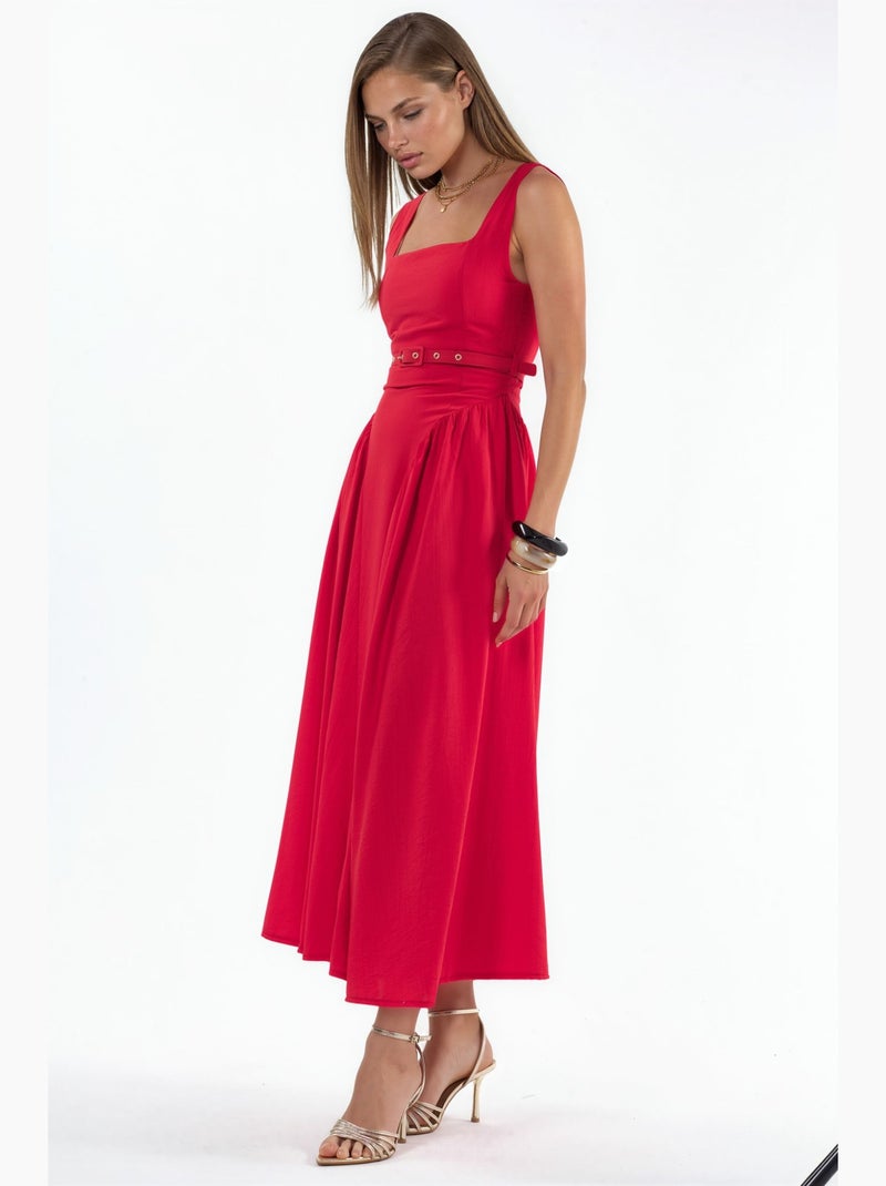Vestido midi con cuello cuadrado y cinturón busem Rojo - Kiabi