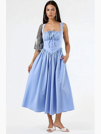 Vestido midi con cuello cuadrado y detalle de botones busem