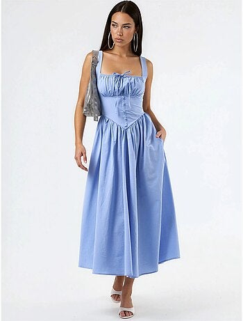Vestido midi con cuello cuadrado y detalle de botones busem