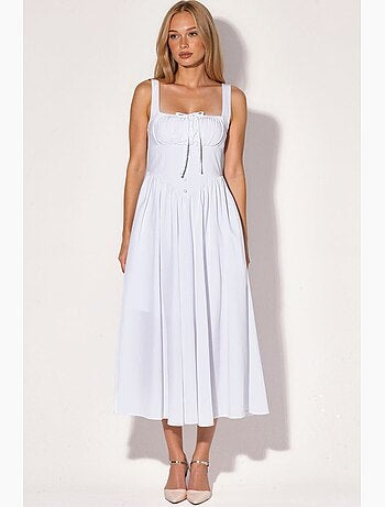 Vestido midi con cuello cuadrado y detalle de botones busem