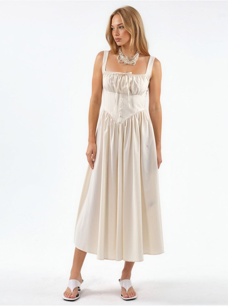 Vestido midi con cuello cuadrado y detalle de botones busem Blanco roto - Kiabi