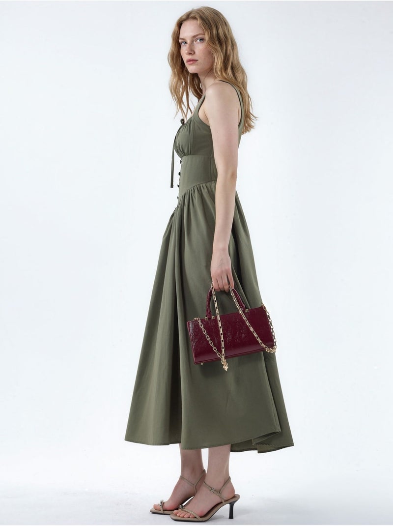 Vestido midi con cuello cuadrado y detalle de botones busem Caqui - Kiabi