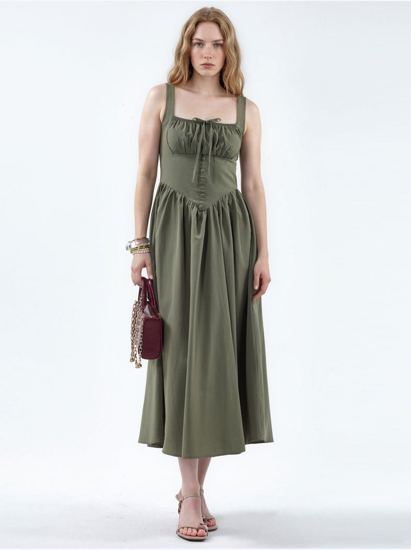 Vestido midi con cuello cuadrado y detalle de botones busem Caqui - Kiabi