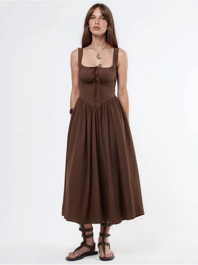 Vestido midi con cuello cuadrado y detalle de botones busem Marrón claro - Kiabi