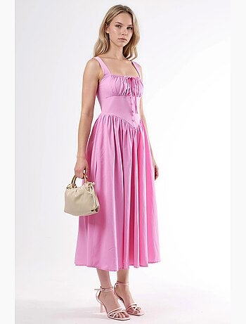 Vestido midi con cuello cuadrado y detalle de botones busem