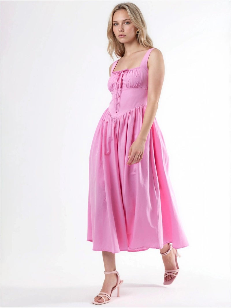 Vestido midi con cuello cuadrado y detalle de botones busem Rosa almendra - Kiabi
