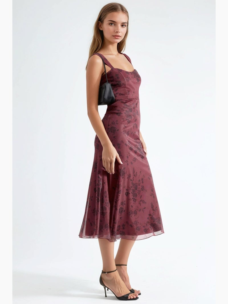 Vestido midi con cuello de corazón floreado hiccup Rojo burdeos - Kiabi