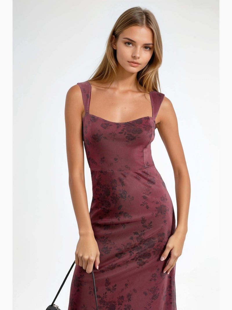 Vestido midi con cuello de corazón floreado hiccup Rojo burdeos - Kiabi