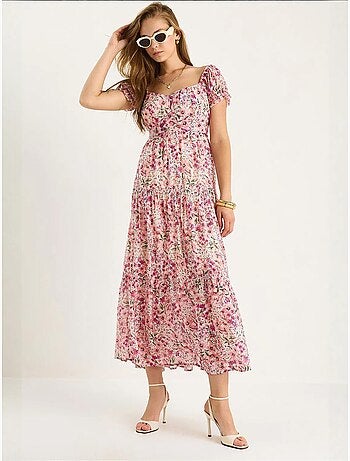 Vestido midi con cuello de corazón y detalle de rosa lucci