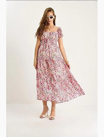 Vestido midi con cuello de corazón y detalle de rosa lucci