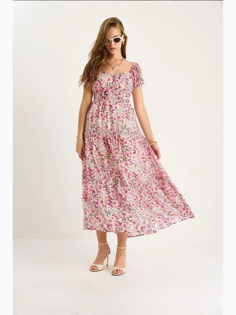 Vestido midi con cuello de corazón y detalle de rosa lucci Rosa claro - Kiabi