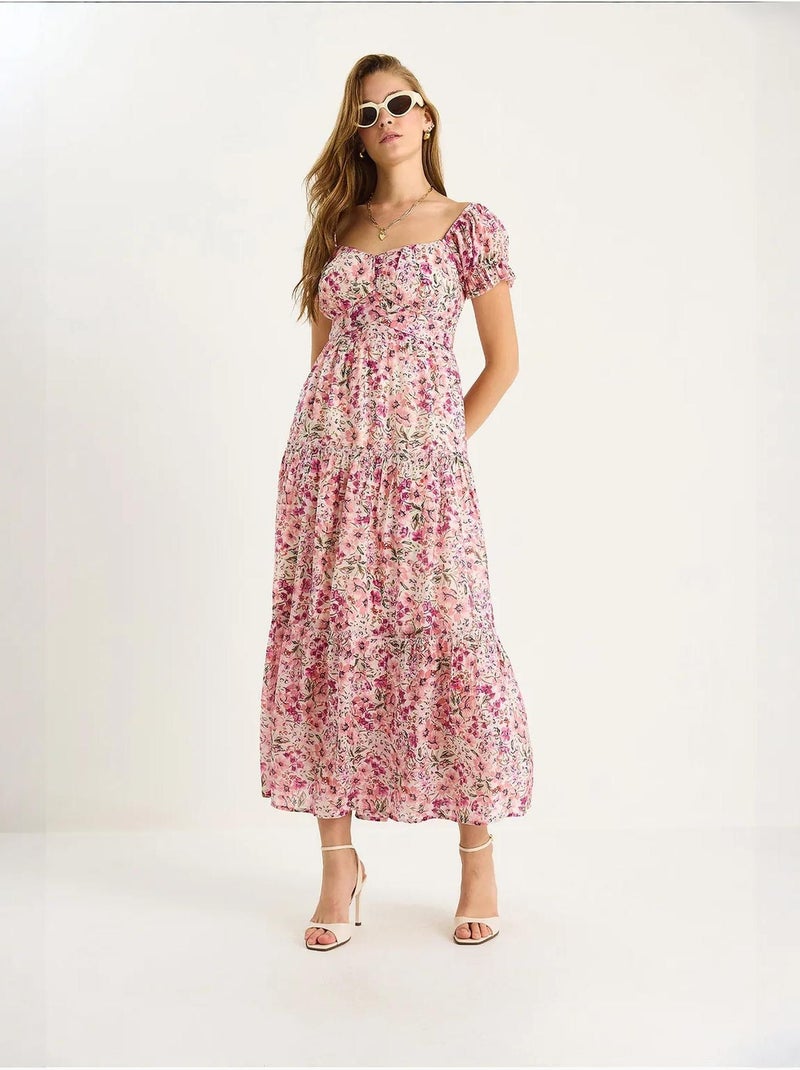 Vestido midi con cuello de corazón y detalle de rosa lucci Rosa claro - Kiabi