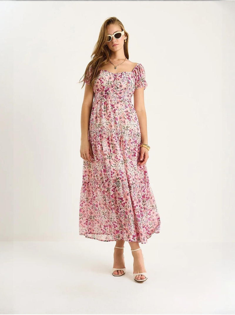 Vestido midi con cuello de corazón y detalle de rosa lucci Rosa claro - Kiabi