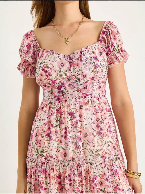 Vestido midi con cuello de corazón y detalle de rosa lucci - Kiabi