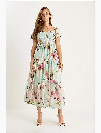Vestido midi con cuello de corazón y detalle de rosa lucci