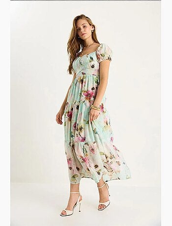 Vestido midi con cuello de corazón y detalle de rosa lucci