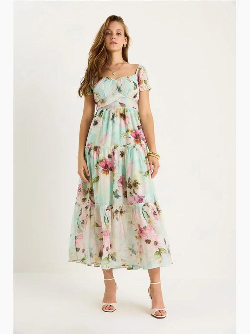 Vestido midi con cuello de corazón y detalle de rosa lucci - Kiabi