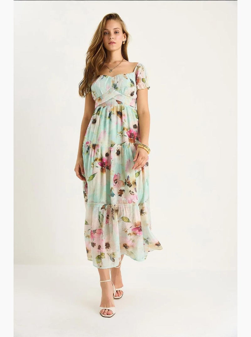 Vestido midi con cuello de corazón y detalle de rosa lucci Verde menta - Kiabi