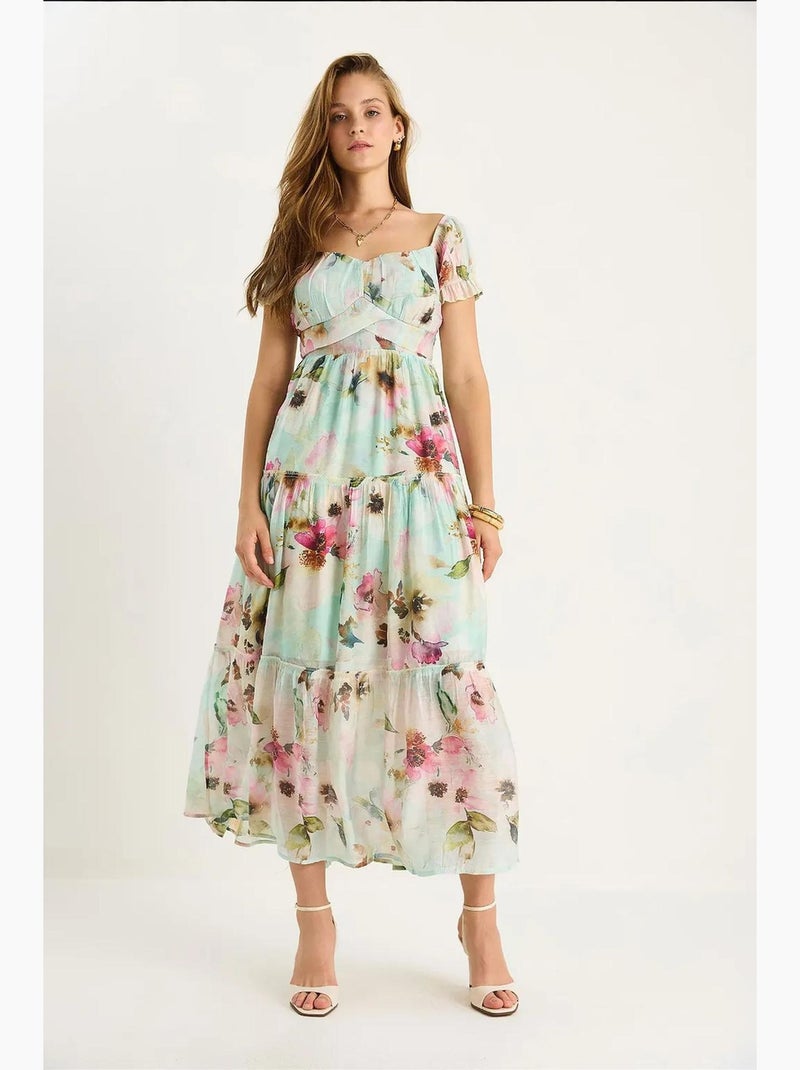 Vestido midi con cuello de corazón y detalle de rosa lucci Verde menta - Kiabi