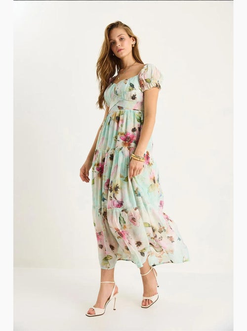 Vestido midi con cuello de corazón y detalle de rosa lucci - Kiabi