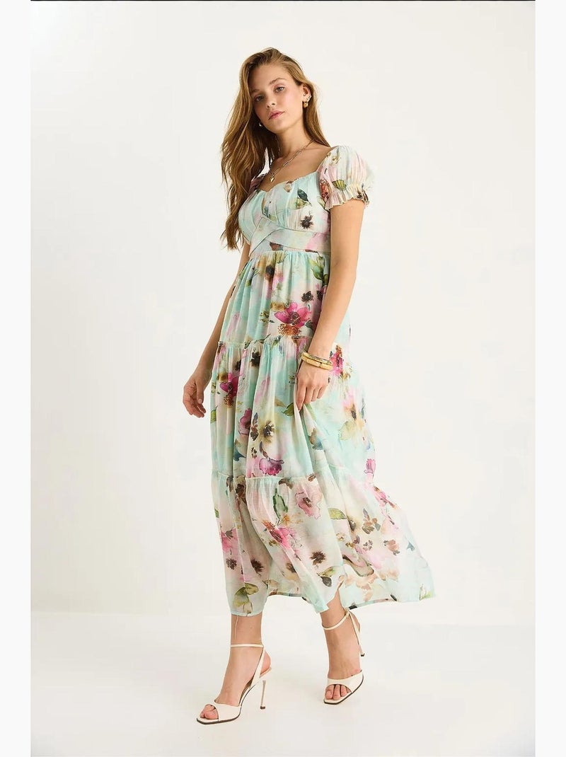 Vestido midi con cuello de corazón y detalle de rosa lucci Verde menta - Kiabi