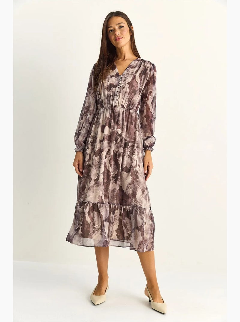 Vestido midi con cuello de pico y estampado de cachemira lucci Beige natural - Kiabi