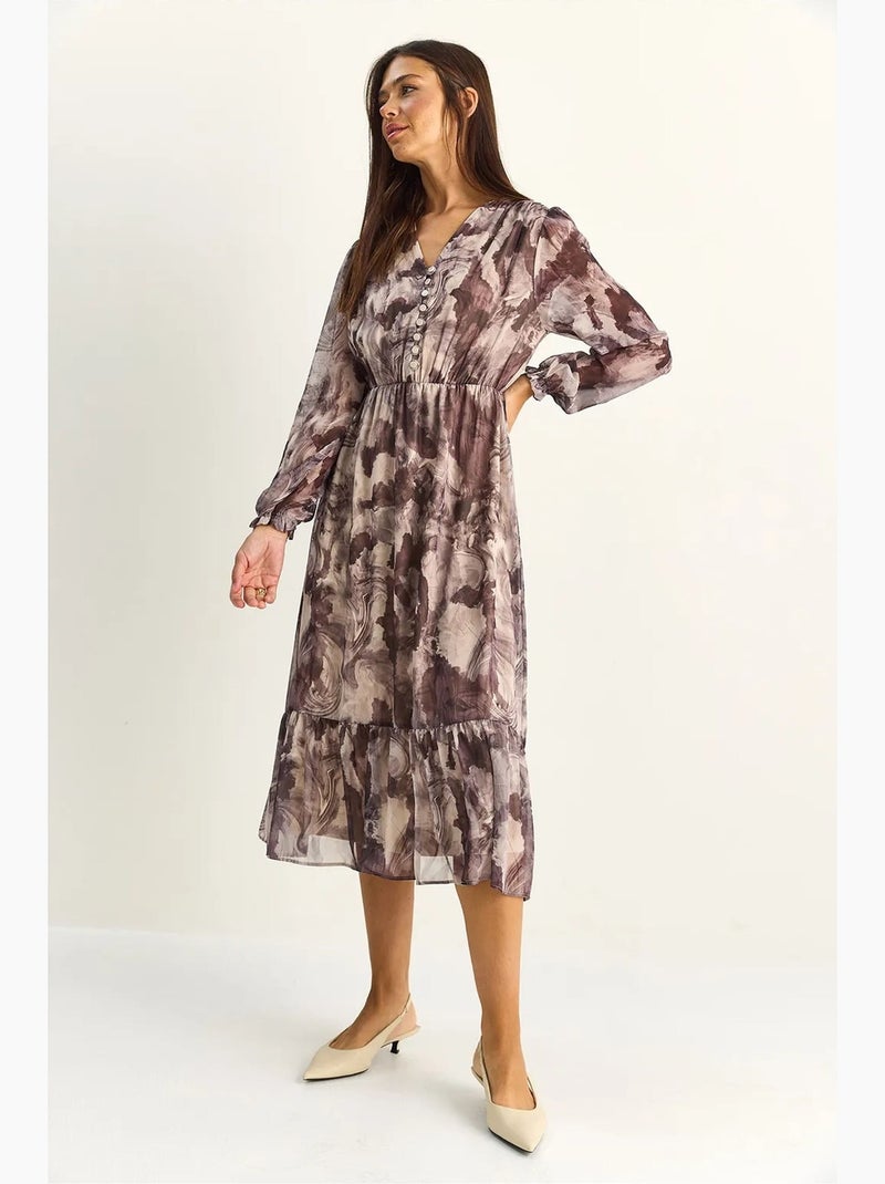 Vestido midi con cuello de pico y estampado de cachemira lucci Beige natural - Kiabi