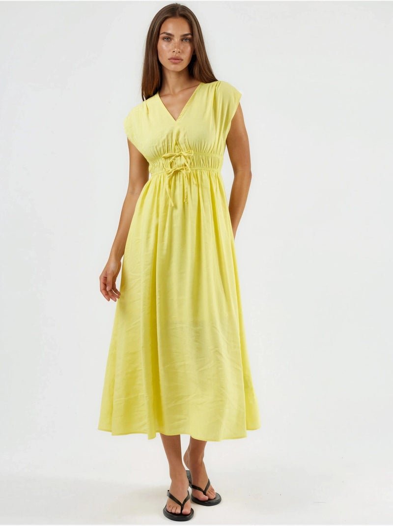 Vestido midi con cuello en v y detalle de lazo busem Amarillo limón - Kiabi