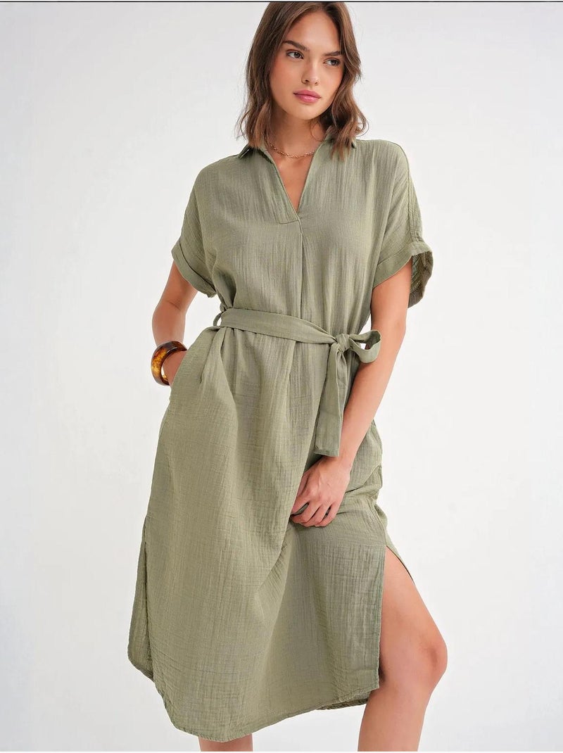 Vestido midi con cuello en v y detalles de accesorios mixray Caqui - Kiabi