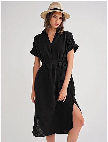 Vestido midi con cuello en v y detalles de accesorios mixray