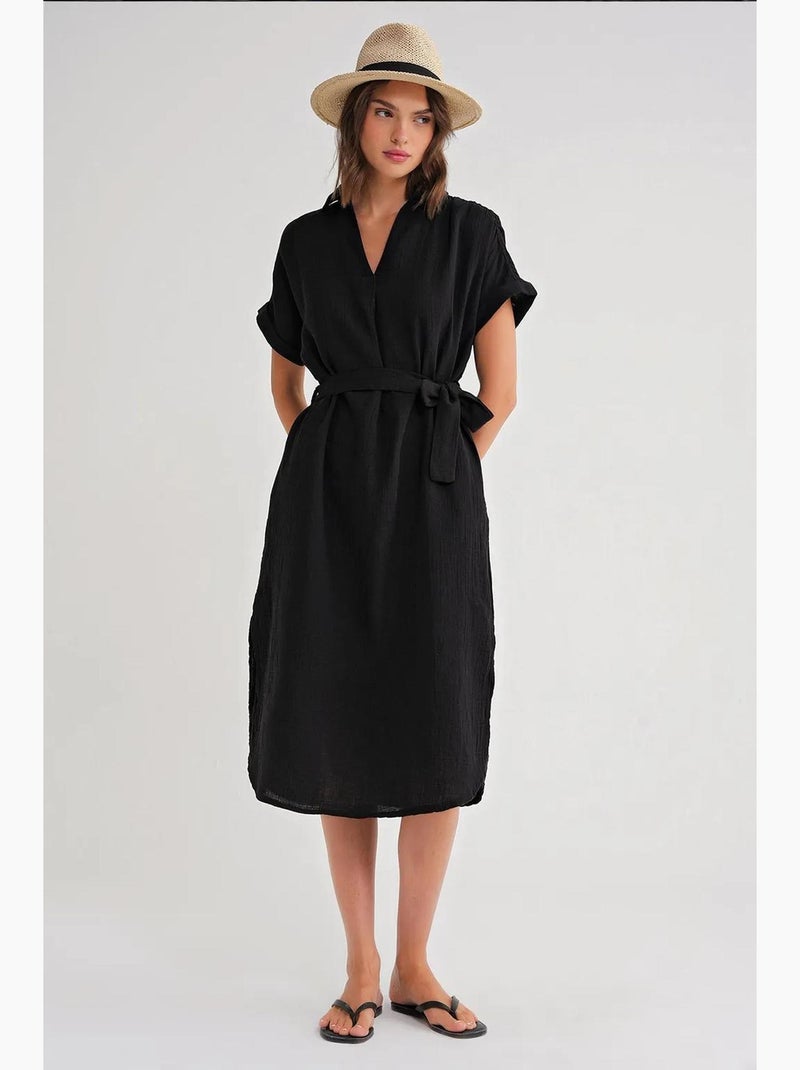 Vestido midi con cuello en v y detalles de accesorios mixray Negro - Kiabi