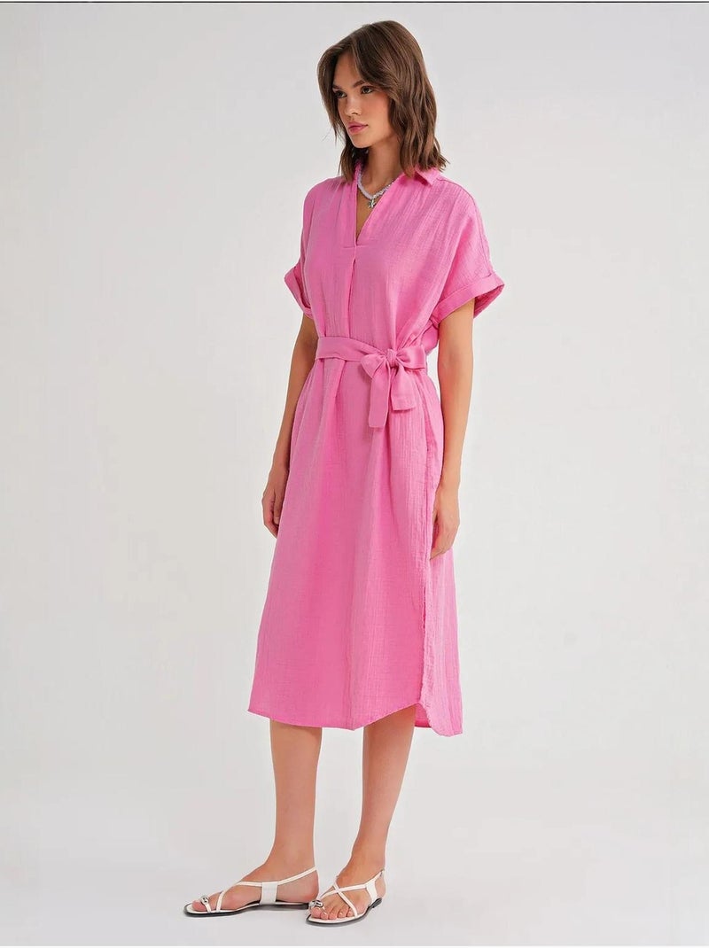 Vestido midi con cuello en v y detalles de accesorios mixray Rosa fluo/Solinotes - Kiabi