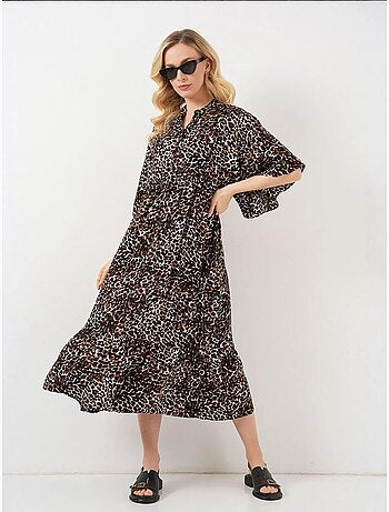 Vestido midi con cuello en v y mangas tres cuartos estampado bdart