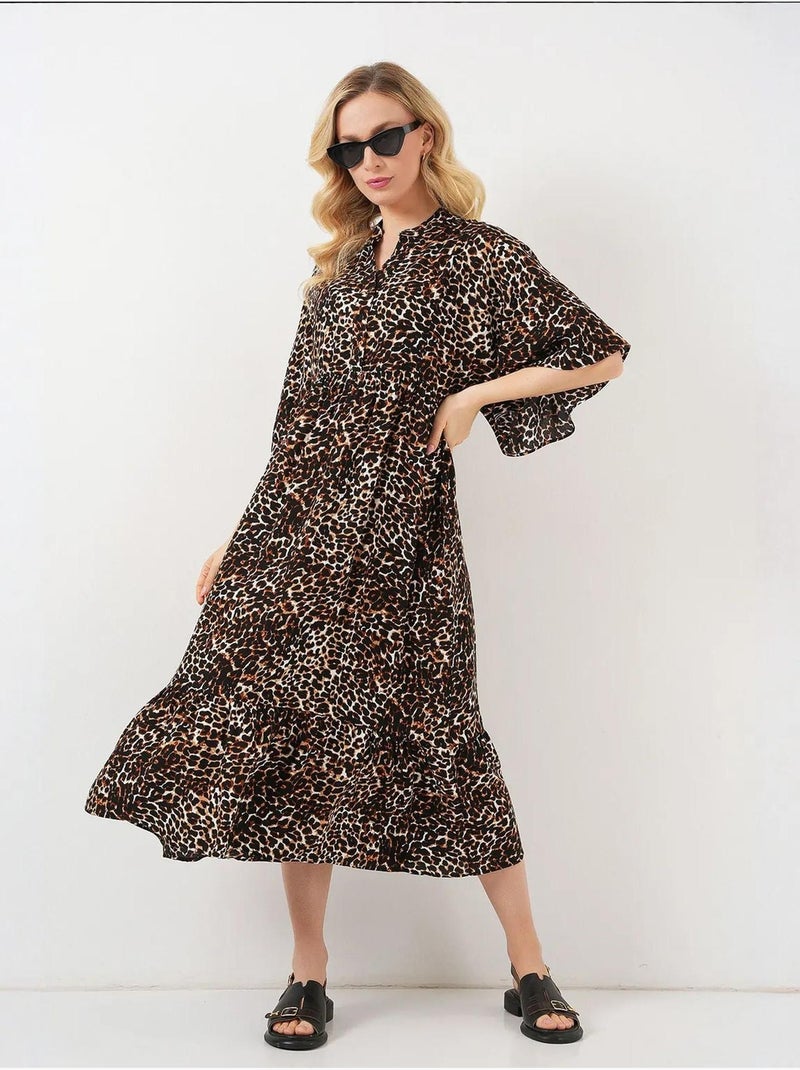 Vestido midi con cuello en v y mangas tres cuartos estampado bdart Marrón avellana - Kiabi