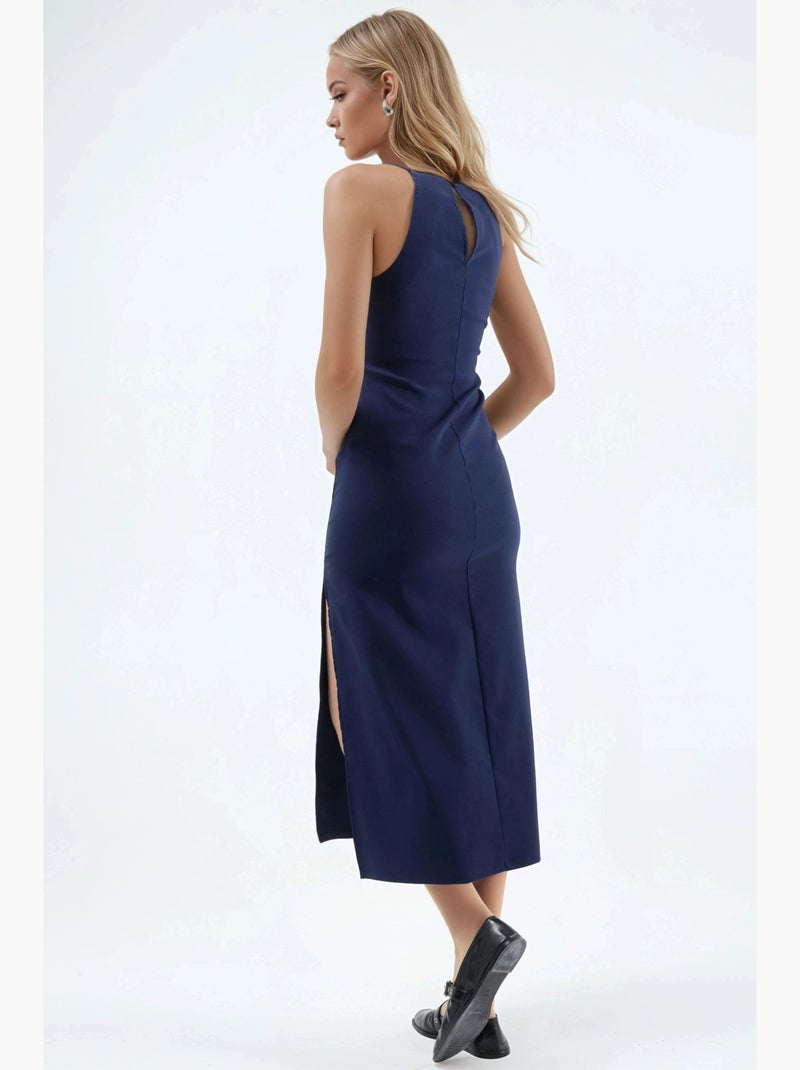 Vestido midi con cuello halter y abertura hiccup Azul marino - Kiabi