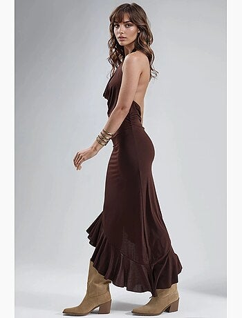 Vestido midi con cuello vuelto y detalle drapeado de busem