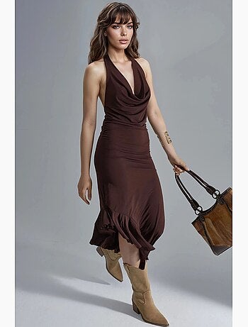 Vestido midi con cuello vuelto y detalle drapeado de busem